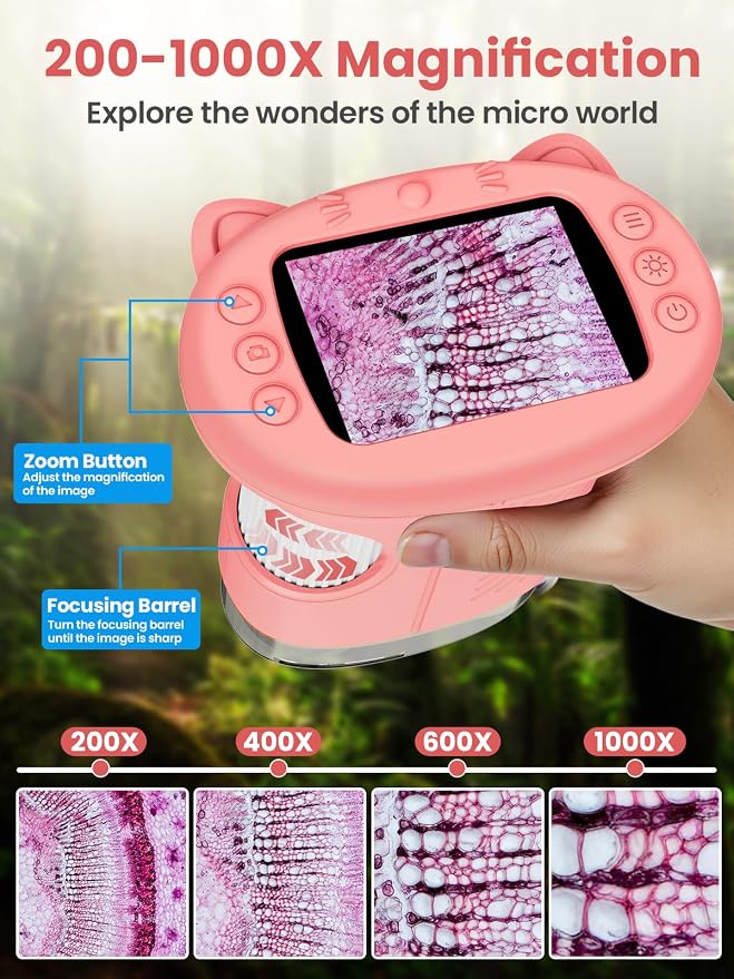 Microscope for Kids, 2.4 Inch Digital Microscope with 1000X Magnification, Handheld Camera Mini Pocket Magnifying Glass, Educational Birthday Gifts Toys for Ages 3+, Pink