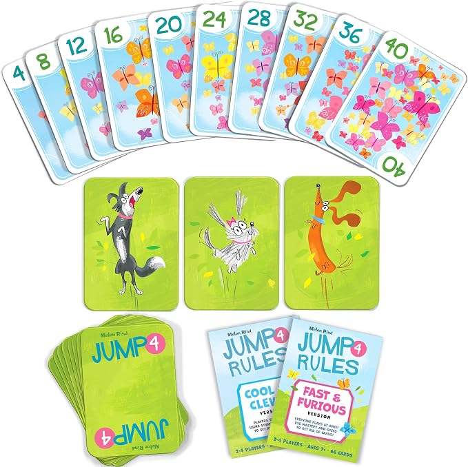 Melon Rind Jump 4, Math Game for Kids Learning Multiples of 4, Lively Puppy Themed Card Game, a Fun Math Activity for Boosting Confidence, Quick and Easy Screenless Fun, Ages 7+