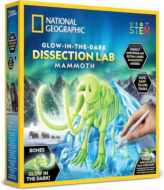 National Geographic Mammoth Dissection Kit and Anatomy Lab for Kids | Glow-in-the-Dark Skeleton, 17 Bones, Nearly 1-Foot Model, Kid-Friendly Dissection Tool, Ice Age Science, Birthday Gift