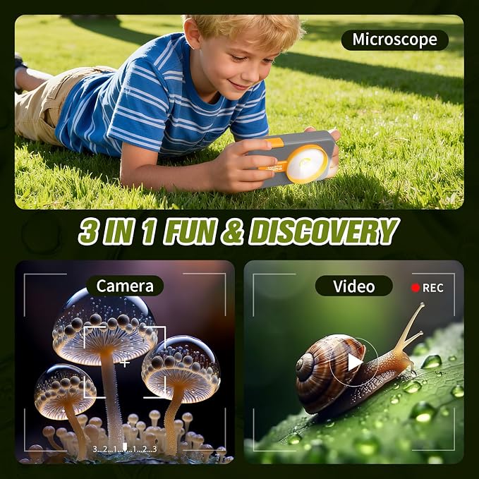 1200X Camera Microscope for Kids with 2 inch Screen STEM Rechargeable Digital Science Kit Handheld Zoom with Photo and Video Gift for Ages 6-12 (Grey)