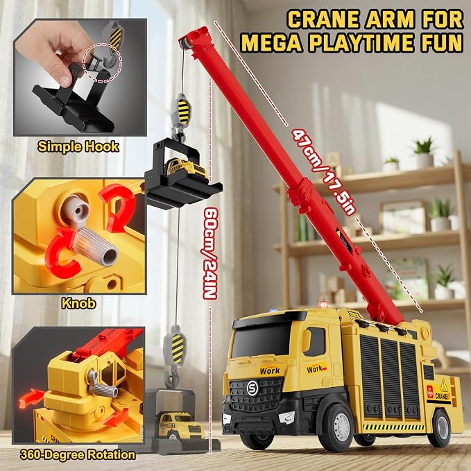 Lehoo Castle Construction Crane Truck Toys for Boys 3 4 5 Year Old | Construction Vehicles, Realistic Light & Sound, Crane Truck Toys, Birthday Gifts for Toddlers 3+
