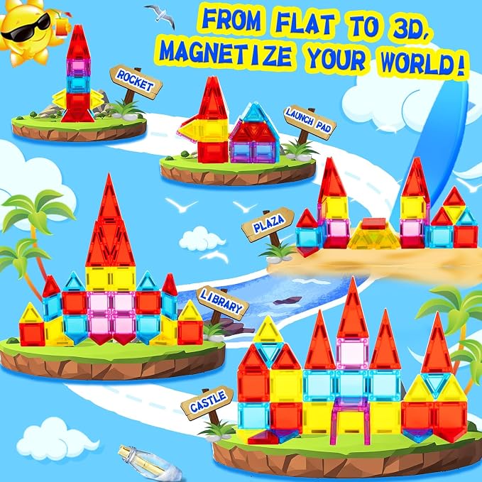 Mini Magnetic Tiles 32 Pcs, STEM Building Blocks Travel Toy for Kids | Encourages creativity, fine motor skills, and problem-solving through hands-on construction and imaginative play
