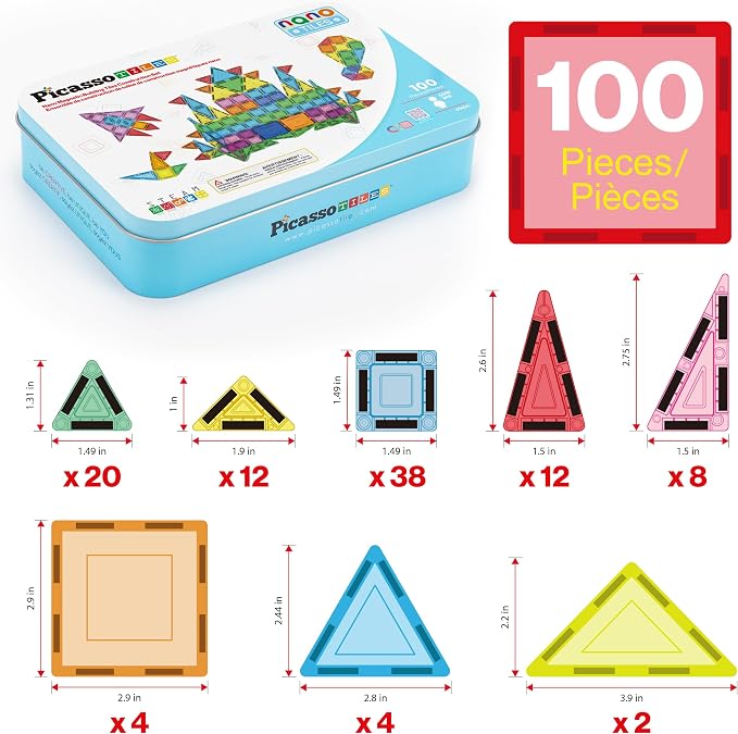 PicassoTiles 100PC Travel Nano Magnetic Tiles Construction Building Blocks Toy with Storage Case Educational STEM Learning Build Kit 3D Magnet Tile Stacking Block Toys for Kids Boys Girls Ages 3+ PN04