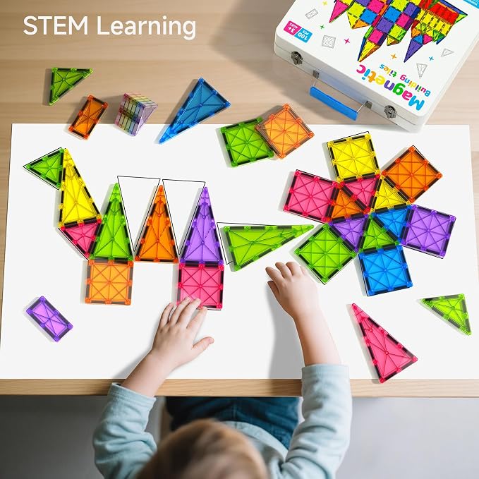 Premium Magnetic Tiles 100pcs: Durable STEM Building Blocks Kids 3-8 | Iron case with handle, lid as play base. 7.5cm tiles, sealed, ASTM & CPSIA safe. Montessori STEM for preschool. Gift 3-8