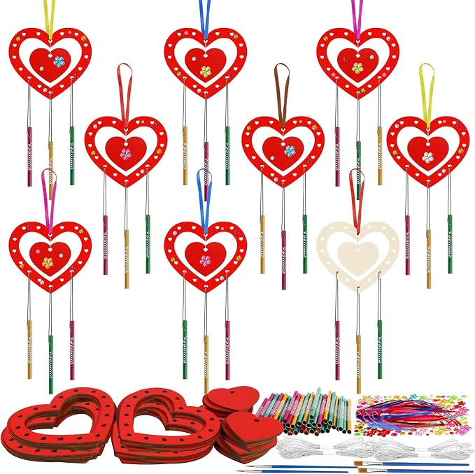 Fennoral 27 Pack Heart Wind Chime Kit for Kids Make You Own Red Heart Wind Chimes Mother's Day Wooden Ornaments for Kids Art and Craft Mothers Day Gifts Party Decoration