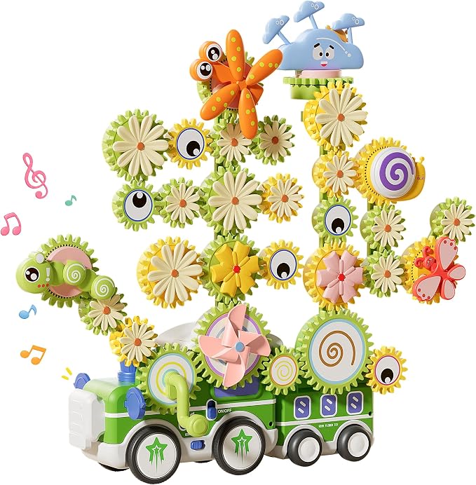 4 in 1 STEM Gear Toys for Kids Ages 3+, Educational Building Blocks, 71Pcs | Flower Construction Kits, Musical Electric Train Sets, Toddler Learning Toys with Light, Boys and Girls Gifts