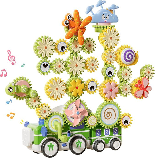 4 in 1 STEM Gear Toys for Kids Ages 3+, Educational Building Blocks, 71Pcs | Flower Construction Kits, Musical Electric Train Sets, Toddler Learning Toys with Light, Boys and Girls Gifts