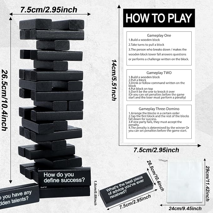 Tumbling Tower Question Game 54 Fun Conversation Starters Questions with Box and Storage Bag Wooden Tumbling Stacking Blocks for Adults Family Night Games Team-Building Get to Know Each Other