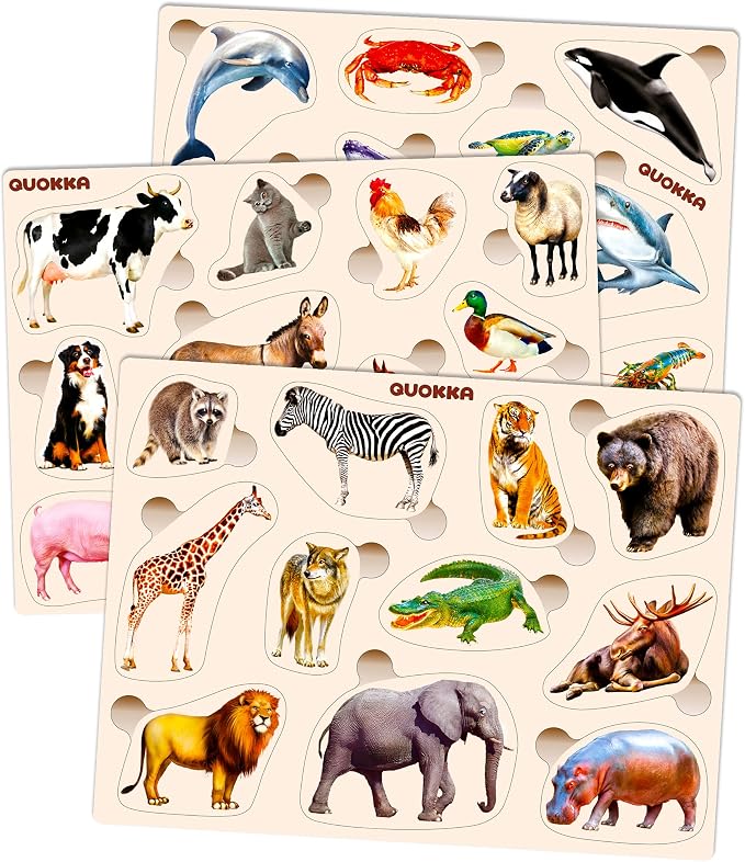 Wooden Puzzles for Toddlers 1-3 - 3 Montessori Kid Puzzles Ages 2-4 | Realistic Toddlers Puzzle for Kids 3-5 Year Old Boy and Girl - Wood Learning Toy with Animals for Children