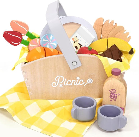 Pillowhale Wooden Picnic Basket Play Food Set – 21 PCS Pretend Kids Kitchen Toy with Blanket, Cutting Fruit & Dual Place Settings – Imaginative Outdoor Role-Play Gift for Toddlers Ages 3+