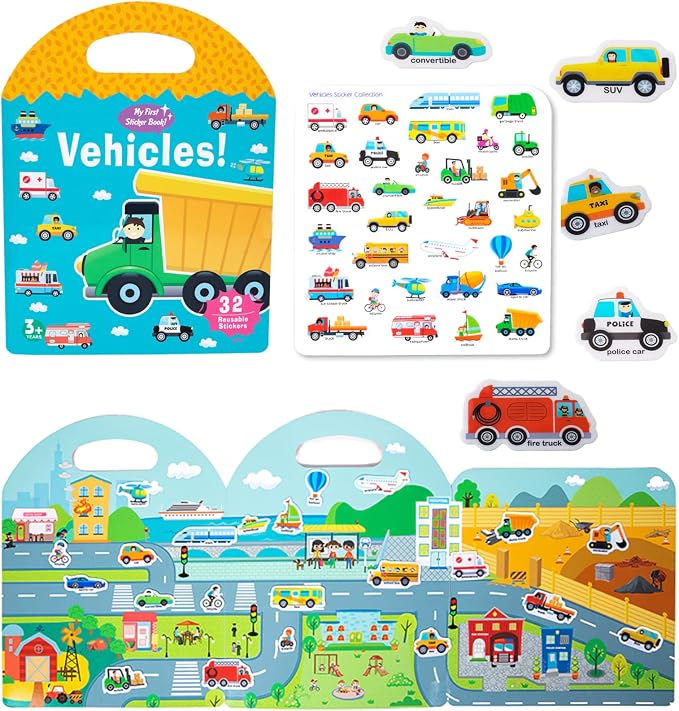 Jelly Reusable Sticker Books, Portable Travel Toys Sticker Activity Book for Kids 3+ Year Old Girls Boys (Vehicles)