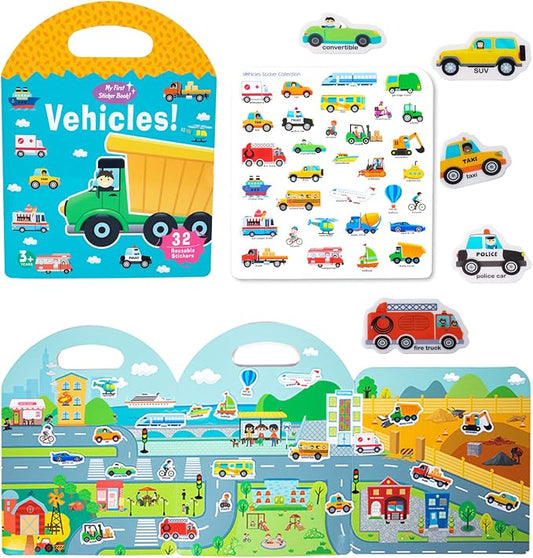 Jelly Reusable Sticker Books, Portable Travel Toys Sticker Activity Book for Kids 3+ Year Old Girls Boys (Vehicles)