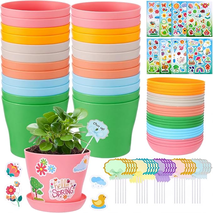 Cosweet 24Pack Durable Resin Garden Plant Pots Kit for Kids Crafts 4+ Years | School Activities Growing Kit, with Stickers & Blank Labels, Colorful Flower Pots, Spring Crafts, for Classroom Home DIY Gift
