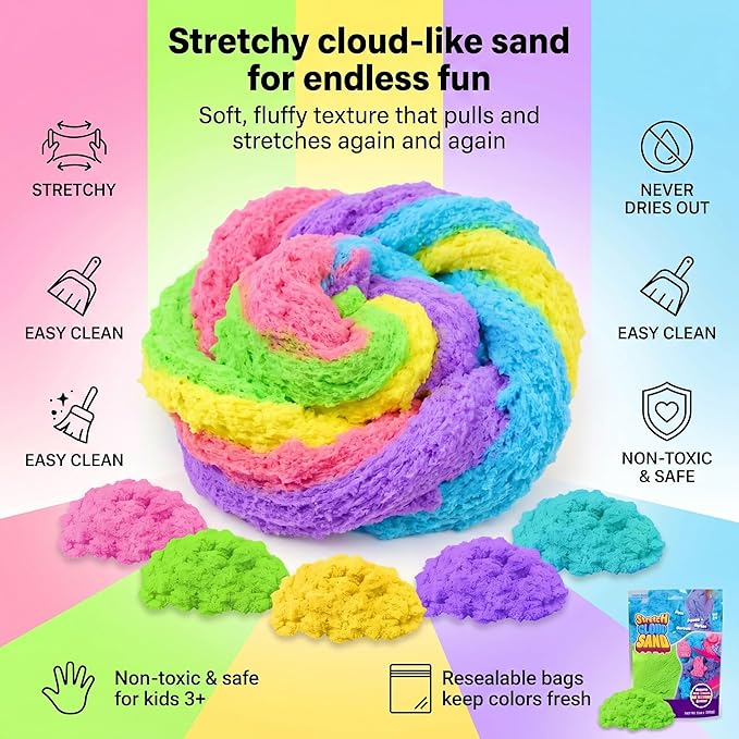 Carolart Stretchy Sensory Sand, Soft Cloud Sand, Play Sand Refill for Kids | Soft Clay Texture Moldable Sand toys for kids, Mess-free sensory play set with 5 colors, sensory bin filler for kids ages 3+