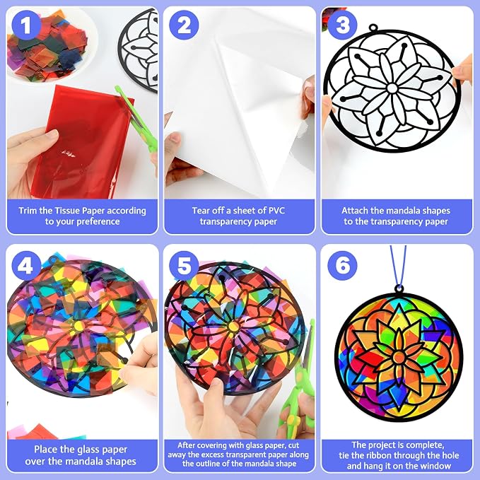 Lonfliness 32 Sets Suncatchers Craft Kit DIY Flower Window Stained Glass Effect Paper Spring Home School Classroom Decoration Art Craft Creative Activity Project Gift Favor