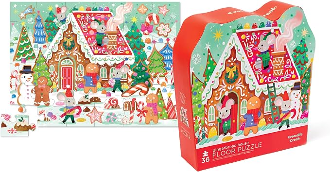 Crocodile Creek 36-Piece Jigsaw Floor Puzzle - Fun Floor Puzzles for Kids Ages 3-5 - Heavy-Duty Shaped Box for Storage - Gingerbread House - 20" W x 16" H Finished