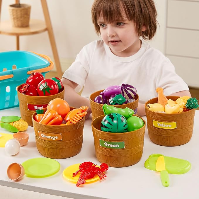 JOYIN Learning Toys Play Food Set for Kids, Cutting Food for Preschool Activities, Play Kitchen Accessories, Educational Toys, Color Sorting Set for Boys & Girls, Back to School Gifts for Kids