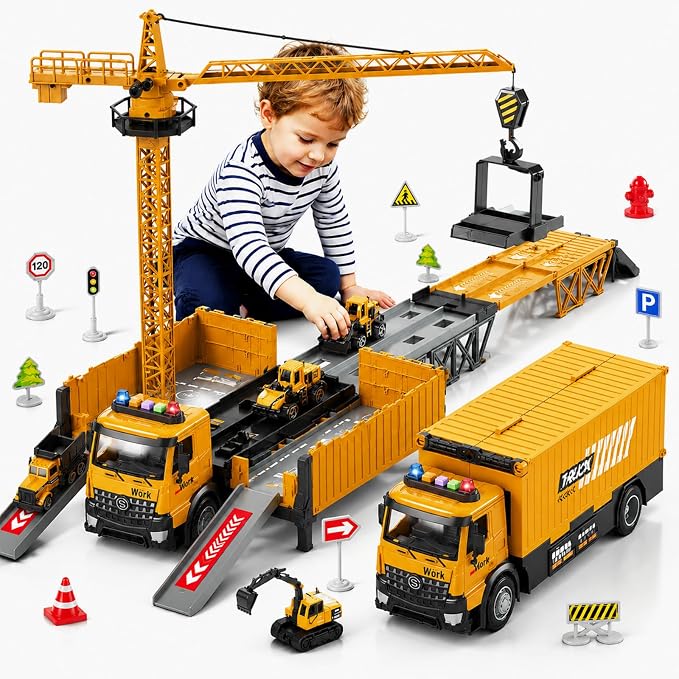 Carrier Truck Race Track Boy Toddlers Toys, Truck Toys for Toddlers 3-5 5-7, Toy Transport Car with Tower Crane Light & Sound, Excavators Cars Gifts for Age 3 4 5 6 7 Years Old Boys Girls
