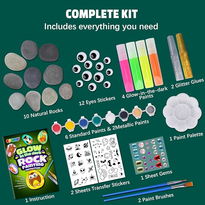 EPUMP Rock Painting Kit for Kids - Glow in The Dark Arts and Crafts Supplies Kits for Girls Boys - Kids Activities Creative Art Set Birthday Gifts DIY Paint Toys for Age 6 7 8 9 10 11 12 Years Old