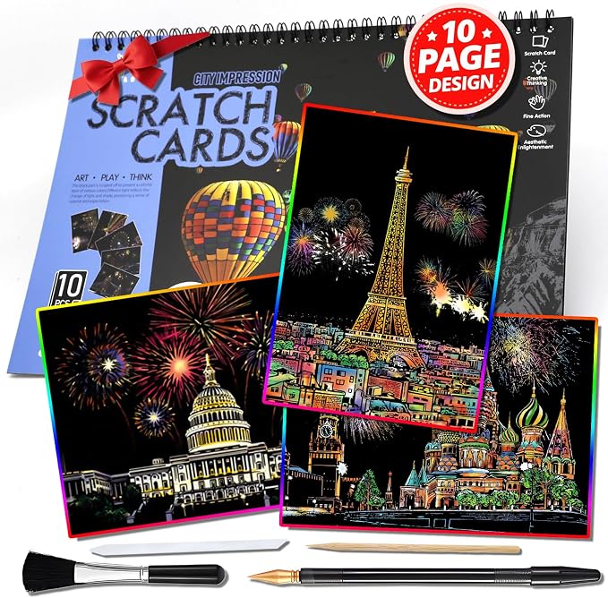 10 Pcs Scratch Art Book for Adults Teens, Rainbow Cityscape Craft DIY Kit | DIY Colorful City Series Painting Paper, ASMR Stress-Relief Engraving Kit Scratchboard, DIY Sketch Card Creative Craft