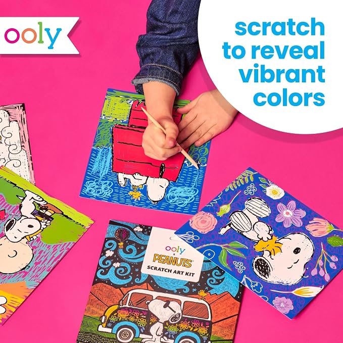 Ooly x Peanuts Snoopy Scratch & Scribble Art Kit, 12 Cards, Woodstock | Ages 6+, Wooden Stylus and Stickers Included, Screen-Free Portable Car and Airplane Travel Activity, Gift for Kids