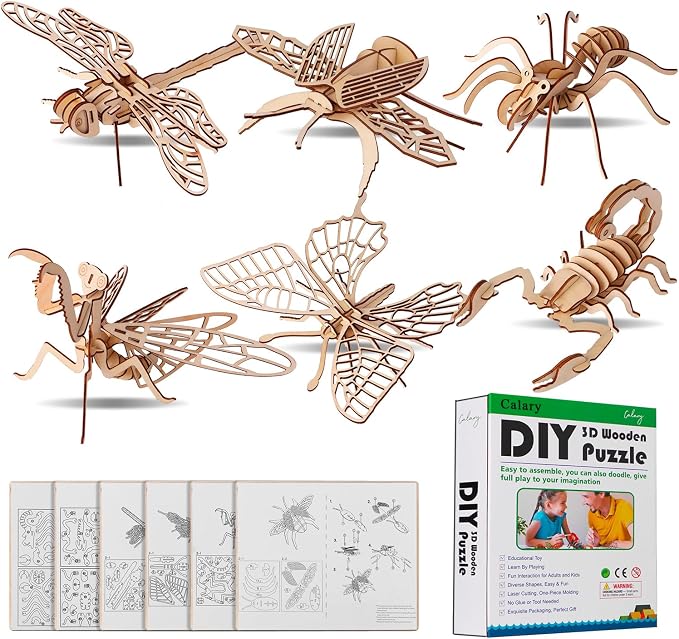 calary 3D Wooden Puzzle Simulation Animal Dinosaur Assembly DIY Model Toy for Kids and Adults,Set of 6