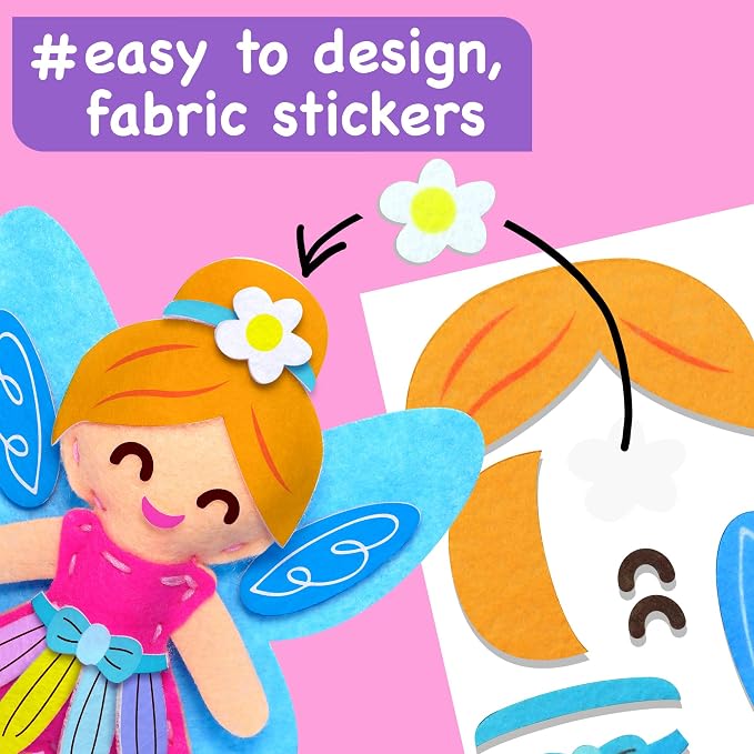EZCRA Fairy Sewing Kit for Kids Ages 4-8 - 4 Beginner Projects | Children Sewing Craft Kit for Girls. 4 Beginner DIY Projects with Felt Stickers. No Mess Birthday Gift for Girls.