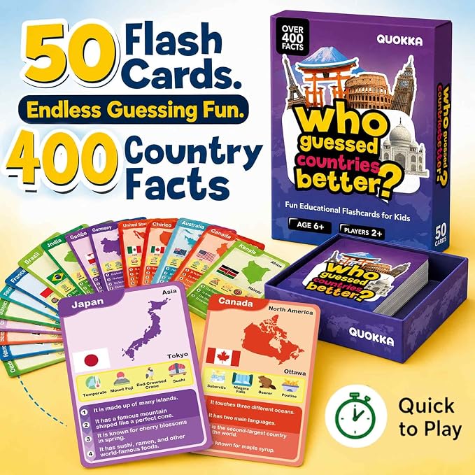 Quokka Who Guess It Better Countries – Educational Game with Visual Clues, Geography Learning Card Set, 50 Cards, Screen-Free Travel Game for Kids Ages 6+