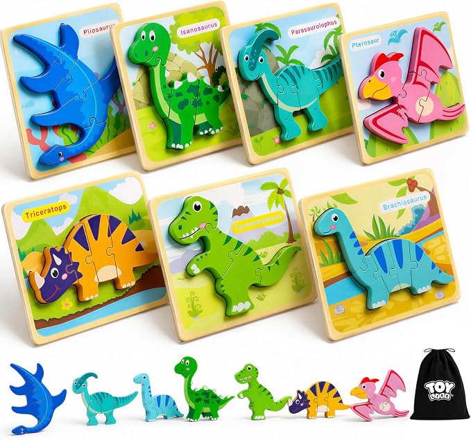 TOY Life Toddler Puzzles Ages 2-4, Wooden Puzzles for Toddlers 1-3, 7 Pcs Dinosaur Puzzle 2 Year Old, Puzzles for Kids Ages 3-5, Toddler Boy Toys 2-3, Educational Learning Toys for 3 Year Old