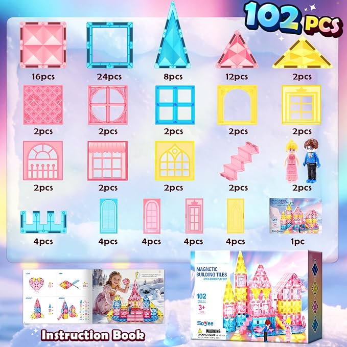 Magnetic Tiles 102pcs with 2 Stairs 2 Dolls Princess Castle Kids Ages 3-12