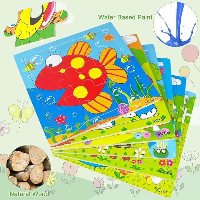 Sealive Wooden Puzzles for Kids Ages 3-5, 6 Pack 9 Piece Animal Puzzle Set | for Toddlers & Preschool Learning, Autism Friendly Travel Activity with Fine Motor Skills, Problem Solving, Independent Play