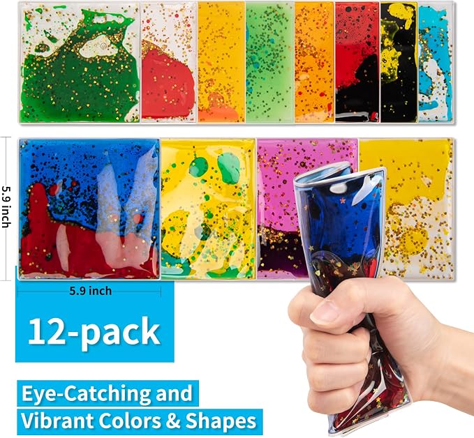 Art3d Square Sensory Fidget Multicolor Liquid Motion Tiles, 6" x 6", 12-Pack | Lightweight, Boost Focus, Relieve Anxiety, Eco-Friendly, Varied Colors & Shapes, Suitable for Kids, Teens