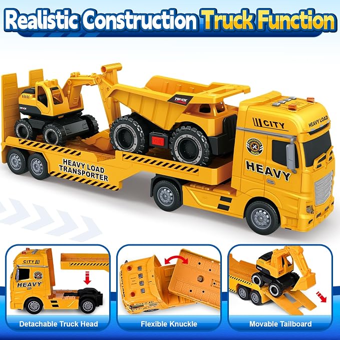 Bstoyder Toddler Boy Toys for 3 4 5 6 7 Years Kids, 25" Semi Construction Carrier Truck Toy with Excavator and Dump Truck, Friction Powered Toys with Lights and Sounds, Birthday for Boy Girls
