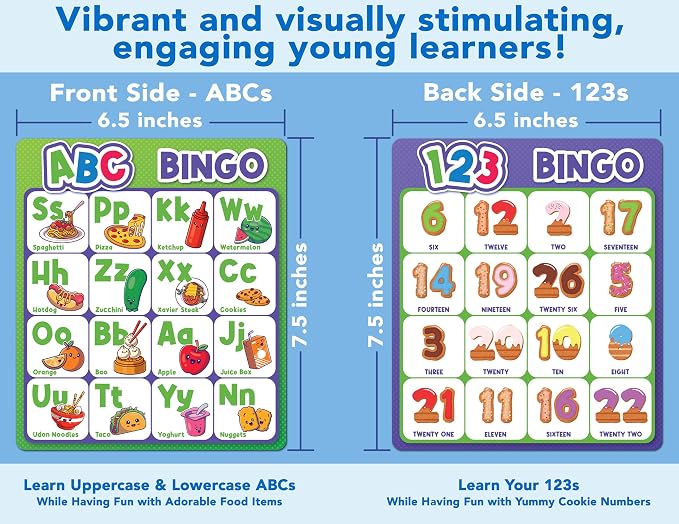 Party Hearty ABC & 123 Bingo Game for Kindergarten & Preschool - Foods | Food Edition, Alphabet and Number, Preschool Kids Learn to Read, Ages 4 and Up