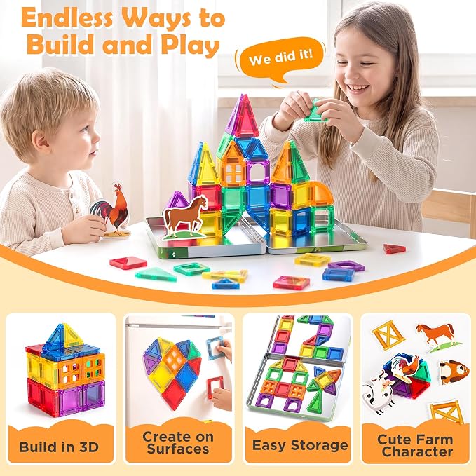 URMYWO Magnetic Building Tiles, Magnetic 3D Blocks Construction Playboards | 46 Pcs, STEM Creative Educational Toys for Kids Ages 4-8, Preschool Kindergarten Game, Farm Theme, Boy Girl Birthday Gifts