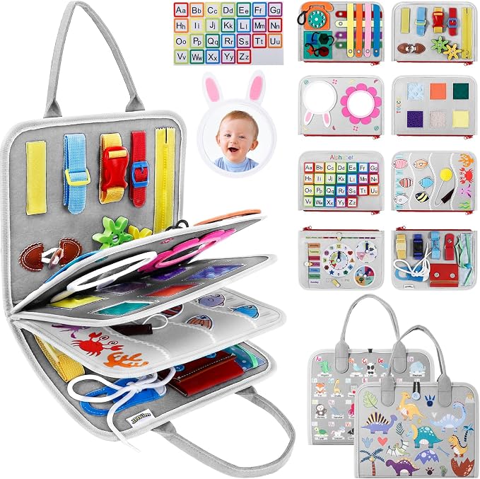 Busy Board Montessori Toys for Boy & Girl Birthday Gifts, Autism Sensory Travel Toy, Educational Activity Sensory Busy Book for Learning Fine Motor Skills, Gray