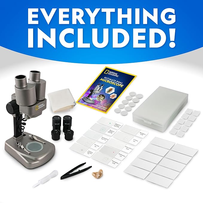 National Geographic Dual LED Kids Microscope - 50+ pc Science Kit with 10 Prepared Slides & 10 DIY Blank Slides, Biology Experiment Activity, Microscope Kit for Kids 8-12 (Amazon Exclusive) | Dual LED Illumination, 10 Prepared Slides, 10 Blank Slides, ...