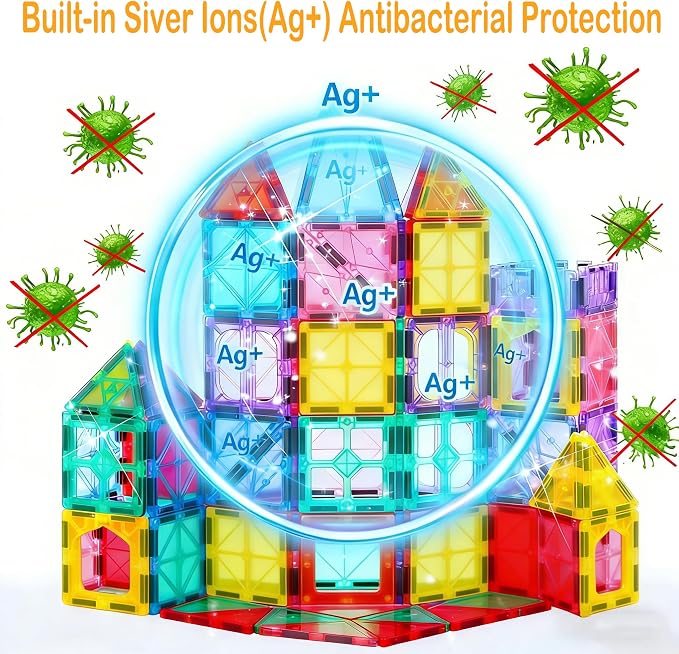 Next-Gen Antibacterial Magnetic Tiles, Safe & Clean Play for Kids | Bacteria Resistant, EPA-registered, Toddler-Safe, Strong Magnets, Preschool Learning, Construction Toy, Clean Play for Kids
