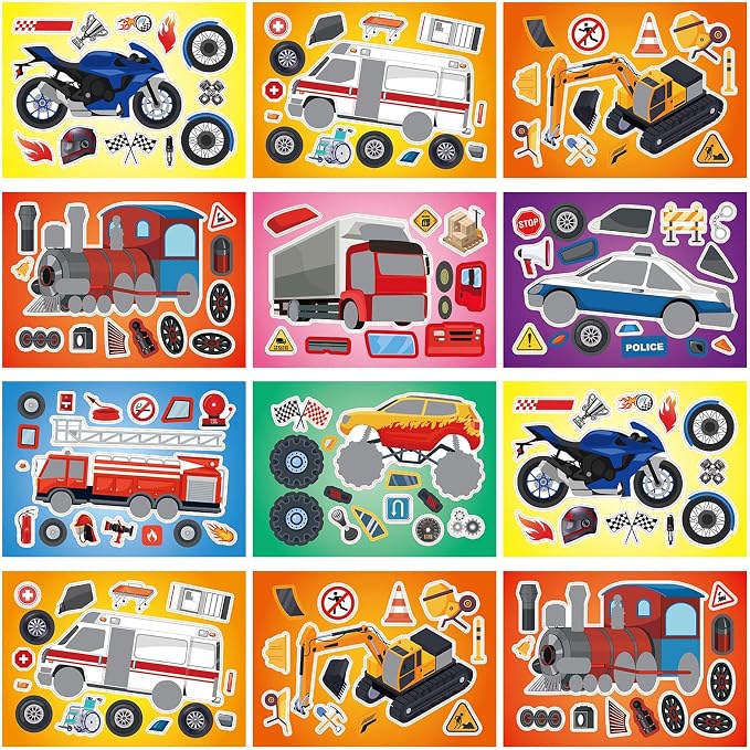 24 Sheets Make a Face Vehicle Stickers for Kids Boys Party Favors | Make Your Own Vehicle Stickers Birthday Decorations Supplies, Toddlers Crafts Activities Gifts Goodie Bags Stuffers
