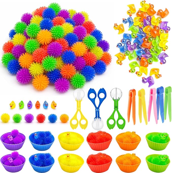 128PCS Sensory Bin Filler Kit with Tools, Fine Motor Skills Training Set for Counting Sorting Matching, Includes 72 Hedgehog Balls, 36 Mini Resin Duck,5 Tweezers, 3 Scissor Clips, 12 Sorting Cups
