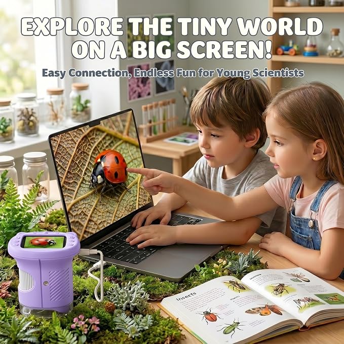 Kids Microscope, 1000X Handheld Digital Pocket Microscope with 2.4" IPS Screen & 8 LEDs, Rechargeable STEM Educational Science Toy for Outdoor Exploration, Gift for Boys Girls Age 4-12, Violet