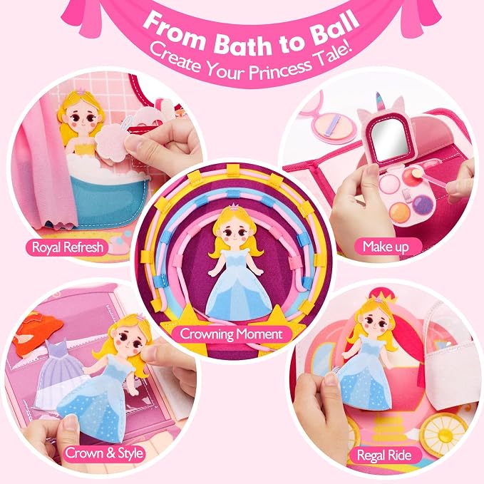 hahaland Princess Busy Book Toddlers 3-5, Dress up Pretend Play Makeup Toys | 3 Year Old Girl Gifts, Toddler Airplane Car Seat Travel Toy Quiet Felt Activity Busy Board for Girls