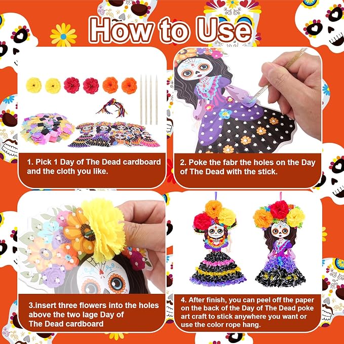 Fennoral 8 Pack Day of The Dead Poke in Art for Kids Make You Own Day of The Dead Craft Kits DIY Poke EVA Foam Sugar Skull for Classroom Art Activity Dia De Los Muertos Halloween Decoration