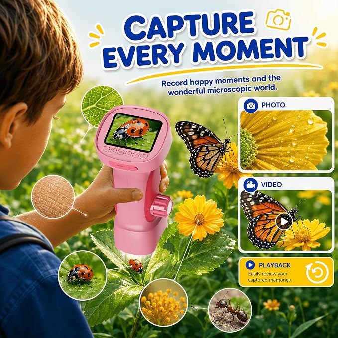 1000X Handheld Digital Microscope for Kids: Explorer 1080P Magnifying Glass | 2.4” IPS Portable Electronic STEM Outdoor Montessori Learning Toy, Birthday Gifts for 4 5 6 7 8-12 Year Old Boys Girls