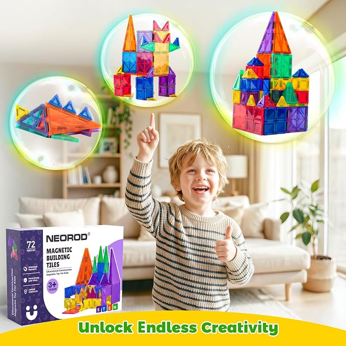 NEOROD Travel Magnetic Tiles, 72 PCS Mixed Size STEM Building Toys for 3-8 | Regular & mini tiles, compatible with others, richer builds & more creations, portable magnet block for travel/home/classroom