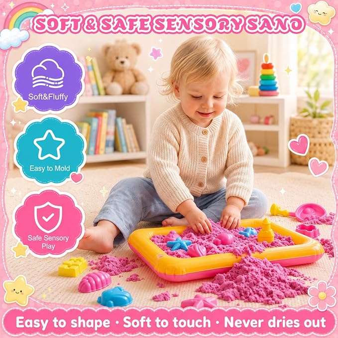 Teyva Daily 59 Pcs Sensory Bin Sand Kit with 2.2lbs Pink Moldable Play Sand, Inflatable Tray, Lidded Storage Box, Castle Ocean Animal Fruit Molds, Flags and Pump for Kids Toddler Ages 4-6