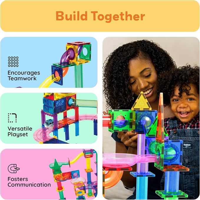 PicassoTiles 108 Piece Marble Run Race Track Set with LED Cars STEM Ages 3+ | 2 Light-Up Vehicles, 4 Magnetic Marbles, BPA-Free, Expandable Collection, Fine Motor Skills,Problem-Solving Screen-Free Toy