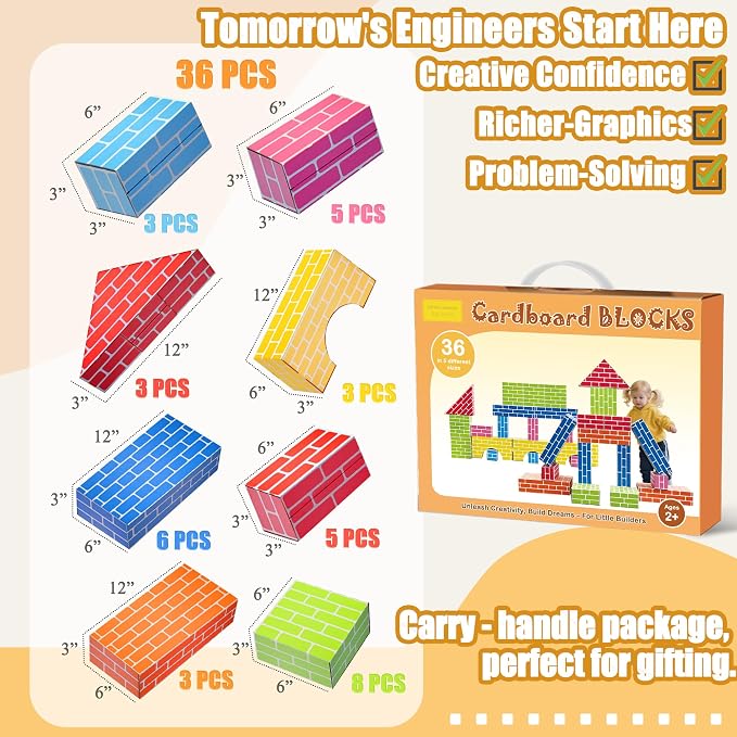 Cardboard Building Blocks for Kids 36pcs: Jumbo Gifts Heavy Duty Develop Creative Thinking Spatial Reasoning Easy to Assemble
