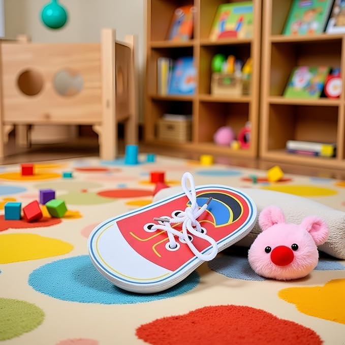 Red Wooden Shoe Tying Practice, Learn to Tie Your Own Shoes Threading Lacing Shoes Training Early Learning Kits, Threading Lacing Shoes Training Board Early Learning,Decorative Accessories