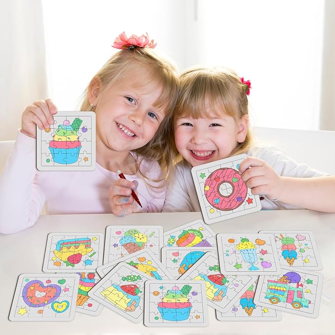 Cinrobiye 24 Pcs Ice Cream Coloring Puzzle Craft Kit for Kids, DIY Candy Donut Jigsaw Puzzles Bulk with 12 Designs, Sweet Treat Arts and Crafts for Birthday Party Favors, Classroom Rewards